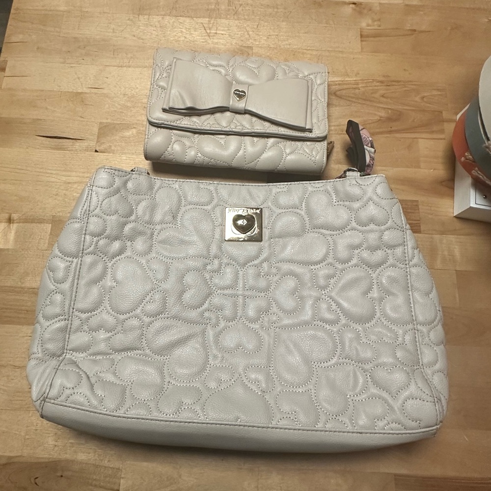 Betsey Johnson White Quilted Shoulder Bag and Wallet Set